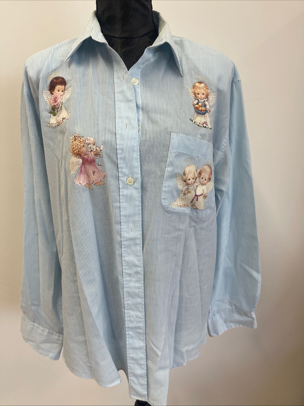 Women’s Light Blue Striped Shirt with Angel Appliqués
